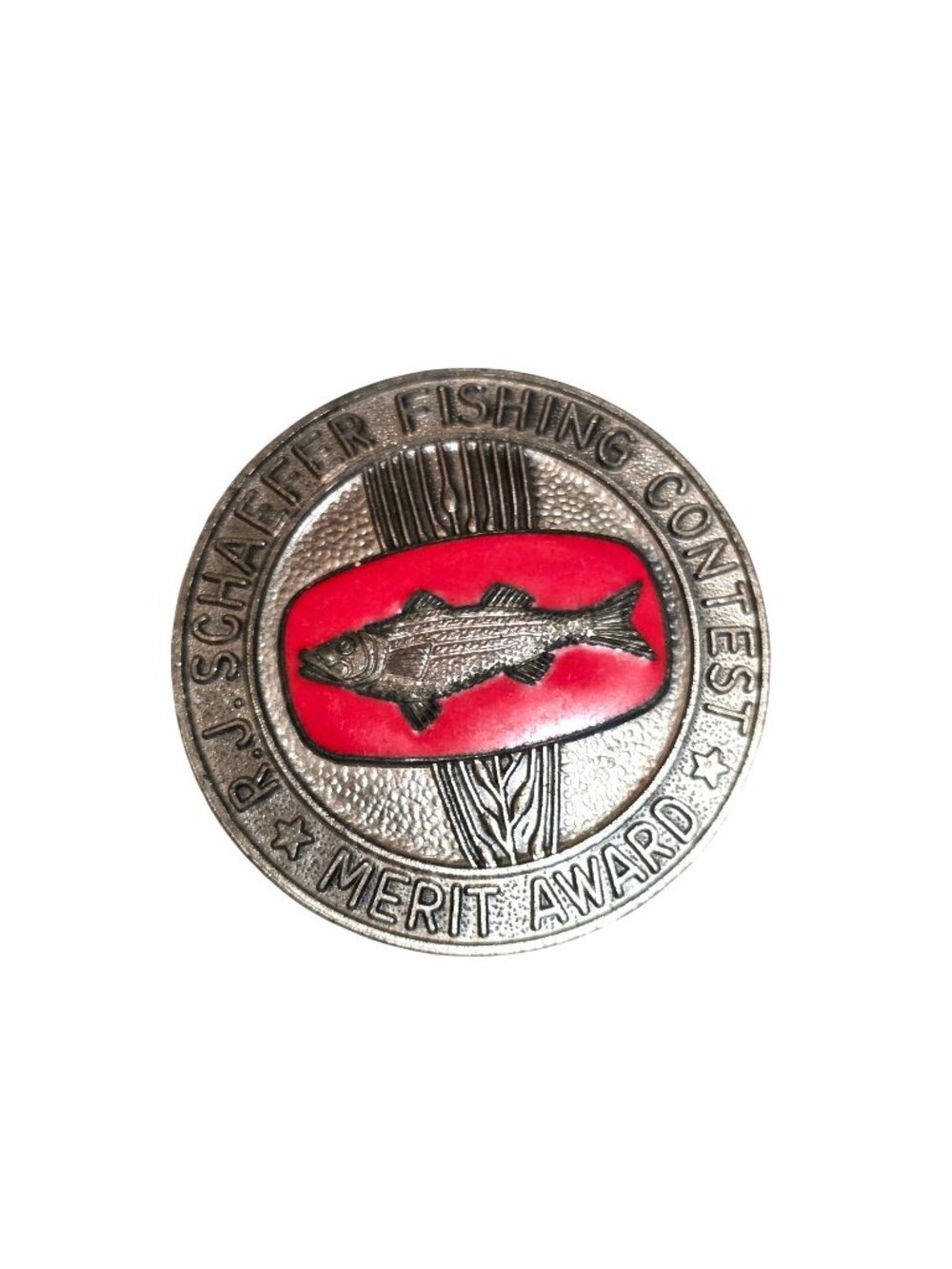 Vtg R.J Schaefer Fishing Contest Merit Award Enamel Copper Brooch Pin 2" x 2"
